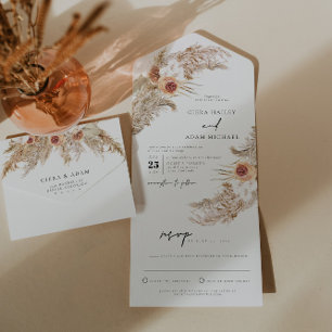 CIERA Bohemian Terracotta Pampas Grass Wedding All In One Invitation