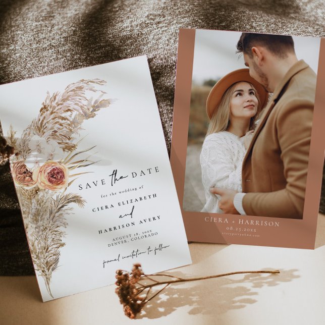 CIERA Boho Terracotta Pampas Photo Save the Date Invitation (Creator Uploaded)