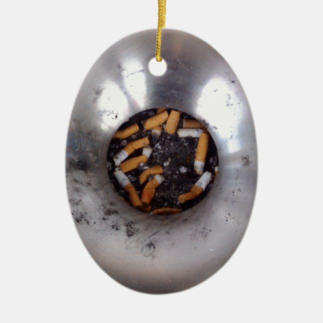 Cigarette Butts in Silver Smokers Ashtray, Funny Ceramic Tree Decoration (Front)