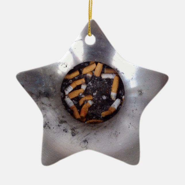 Cigarette Butts in Silver Smokers Ashtray, Funny Ceramic Tree Decoration (Front)