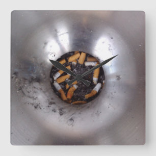 Cigarette Butts in Silver Smokers Ashtray, Funny Square Wall Clock