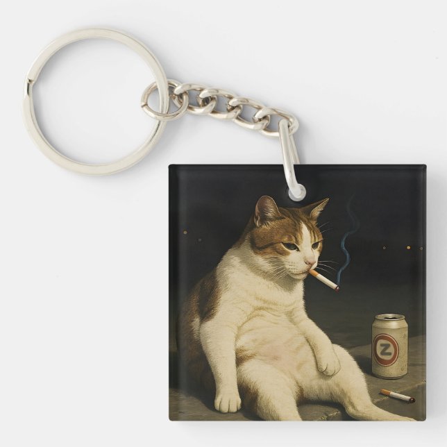 Cigarette Kitten Funny Smoking Cat Gen Z Meme Key Ring (Front)