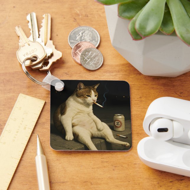 Cigarette Kitten Funny Smoking Cat Gen Z Meme Key Ring (Desk)