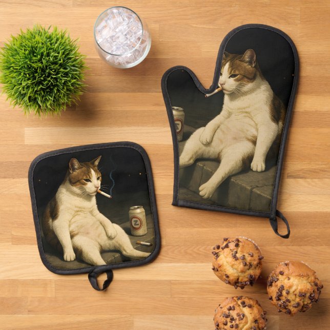 Cigarette Kitten Funny Smoking Cat Gen Z Meme Oven Mitt & Pot Holder Set (Top Down)