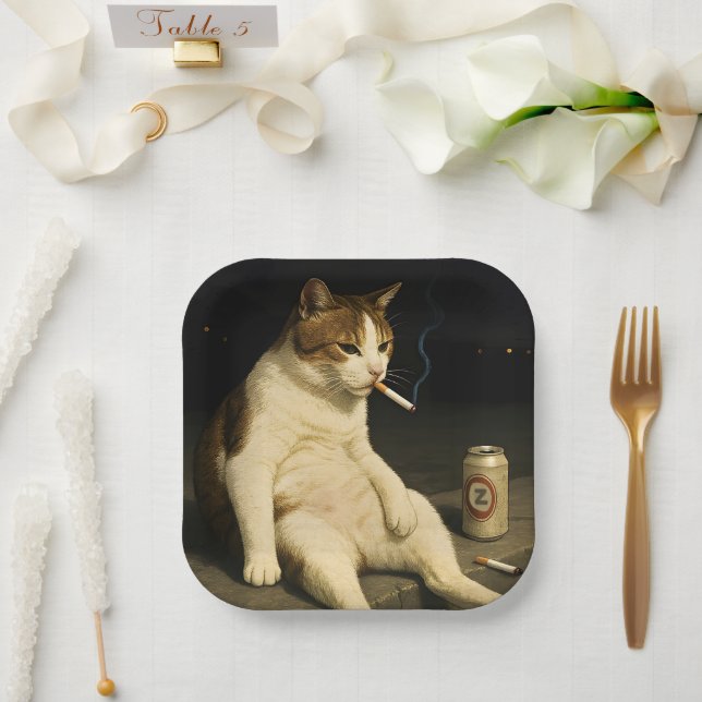 Cigarette Kitten Funny Smoking Cat Gen Z Meme Paper Plate (Wedding)