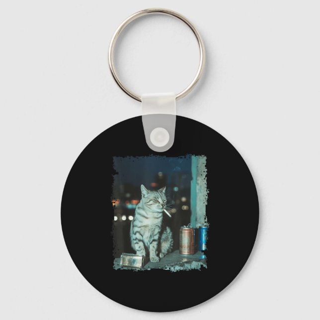 Cigarette Kitten Funny Smoking Cat Meme Stud Brain Key Ring (Front)