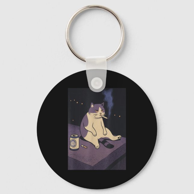 Cigarette Kitten Funny Smoking Cat Meme Stud Brain Key Ring (Front)