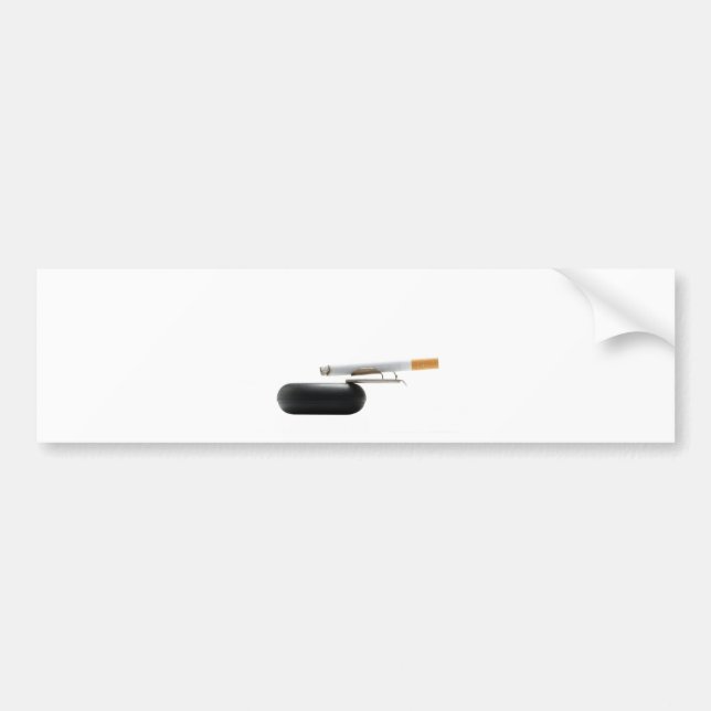 Cigarette on ashtray over white bumper sticker (Front)
