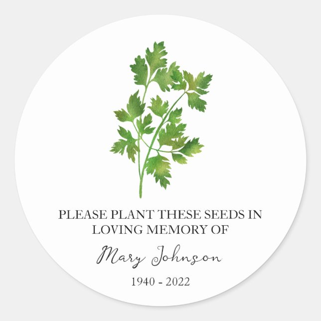 Cilantro Memorial Funeral Seed Packet Classic Round Sticker (Front)