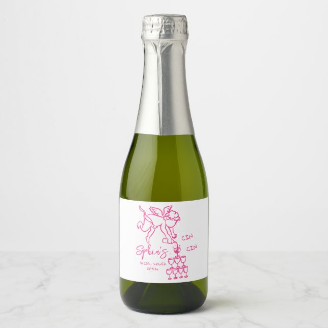 Cin Cin Cherub Hand Drawn Cupid Icon Bridal shower Sparkling Wine Label (Front)