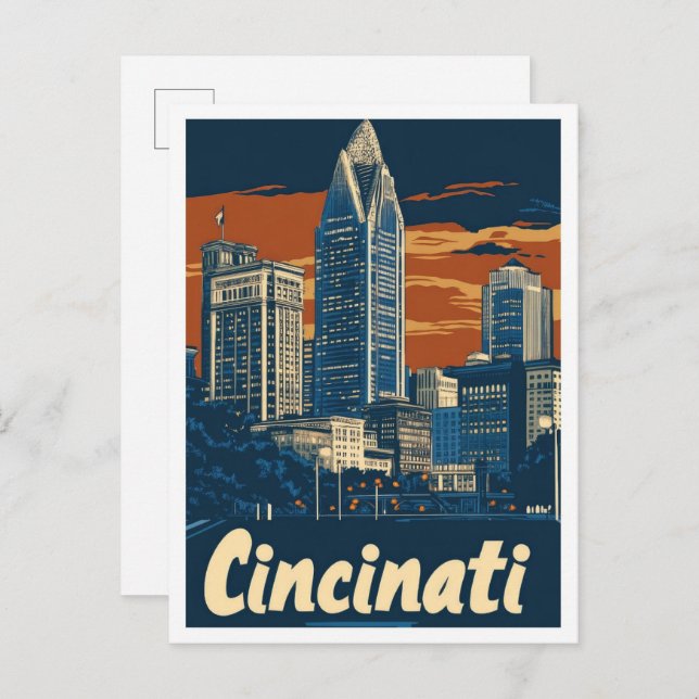 Cincinati Ohio USA Art Vintage Travel Illustration Postcard (Front/Back)