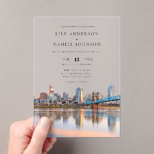 Cincinnati City Skyline Watercolor Wedding Acrylic Invitations