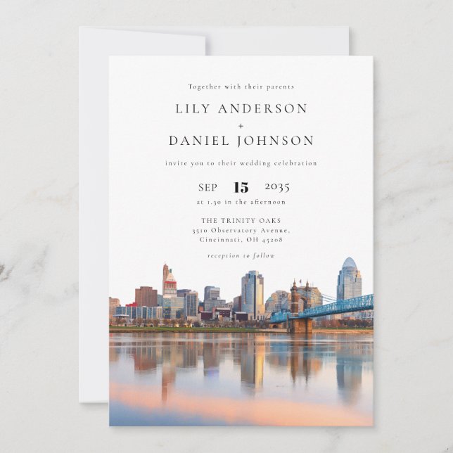 Cincinnati City Skyline Watercolor Wedding Invitation (Front)