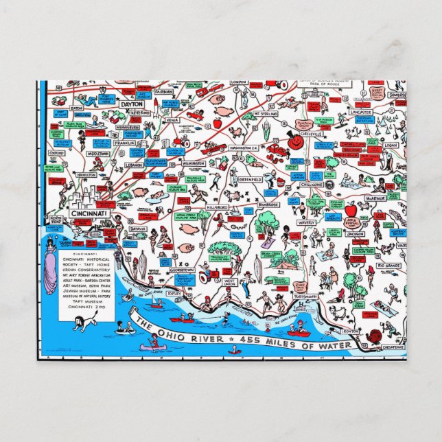 Cincinnati Dayton Hamilton Circleville retro map Postcard (Front)