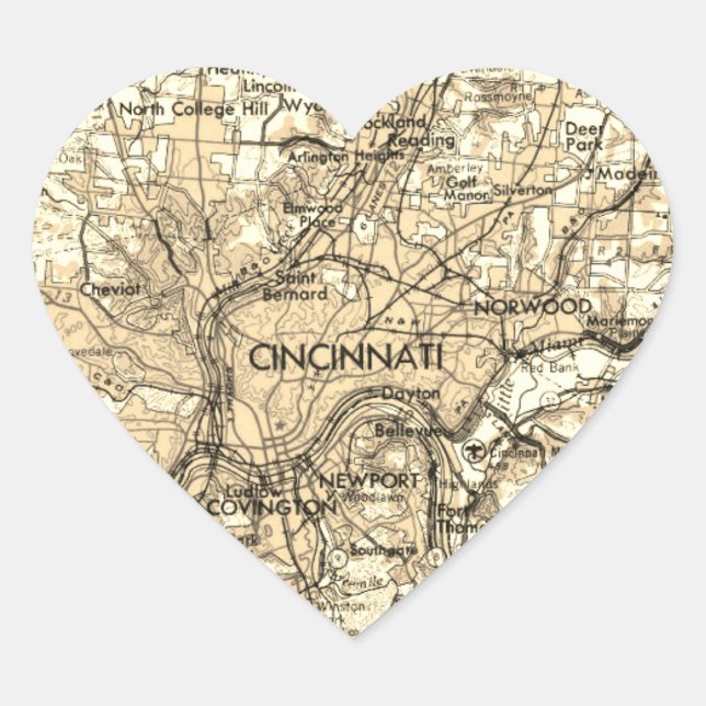 Cincinnati Ohio Vintage Map Heart Sticker (Front)