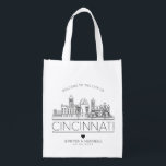 Cincinnati, Ohio Wedding| Stylized Line Reusable Grocery Bag<br><div class="desc">A unique wedding bag that takes place in beautiful Cincinnati,  Ohio. This bag features a stylized illustration of the unique landscape of the city with its name below. This is followed by wedding day information in a matching open style.</div>