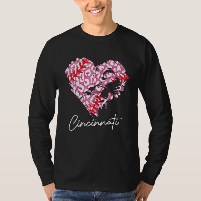 Cincinnati Pink Leopard Baseball Heart Baseball Fa T-Shirt (Front)
