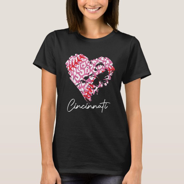 Cincinnati Pink Leopard Baseball Heart Baseball Fa T-Shirt (Front)