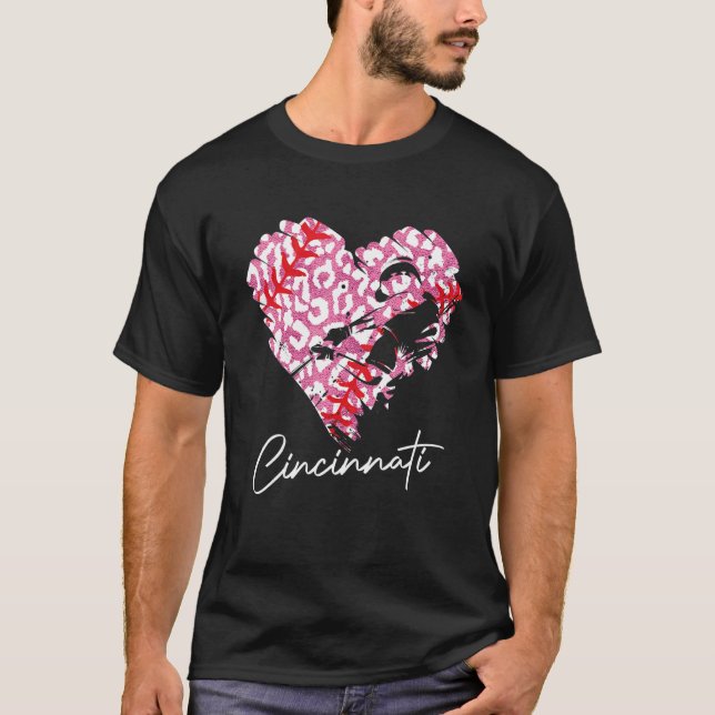 Cincinnati Pink Leopard Baseball Heart Baseball Fa T-Shirt (Front)