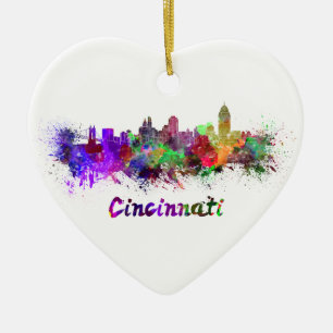 Cincinnati skyline in watercolor ceramic tree decoration