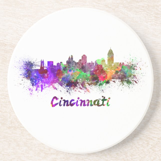 Cincinnati skyline in watercolor coaster (Front)