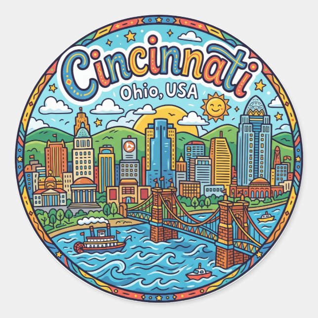 Cincinnati Skyline, Ohio, USA Ohio Classic Round Sticker (Front)