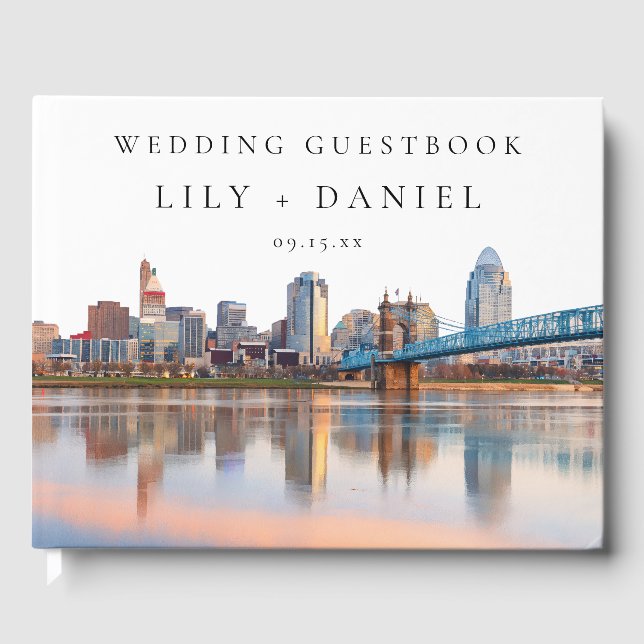 Cincinnati Skyline Watercolor Wedding Guest Book (Front)