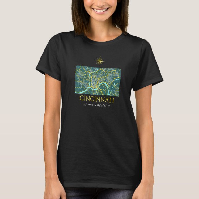Cincinnati Street Map With Gps Coordinates T-Shirt (Front)