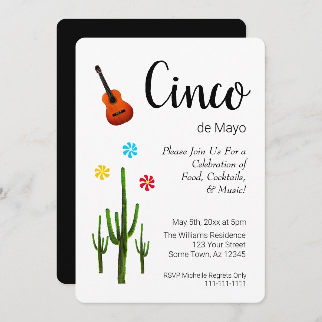 Cinco de Mayo Cactus Black White Party Invitation  (Front/Back)
