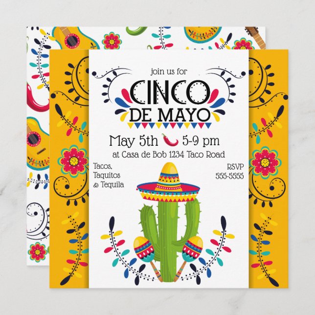 Cinco de Mayo Cactus Maracas Folk Invitation (Front/Back)
