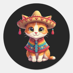 Cinco De Mayo Cute Mexican Cat Sombrero Poncho Cin Classic Round Sticker