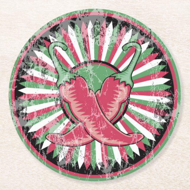 Cinco de Mayo Distressed Chilli Peppers Round Paper Coaster (Front)