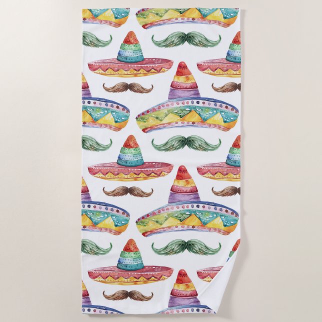 Cinco de Mayo Fiesta Hats Moustaches Beach Towel (Front)