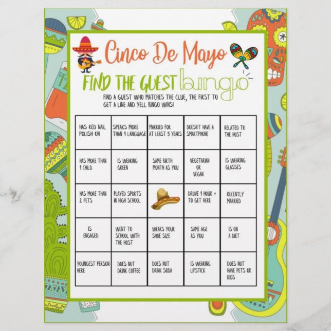 Cinco De Mayo Find The Guest Bingo Game Custom Letterhead (Front)