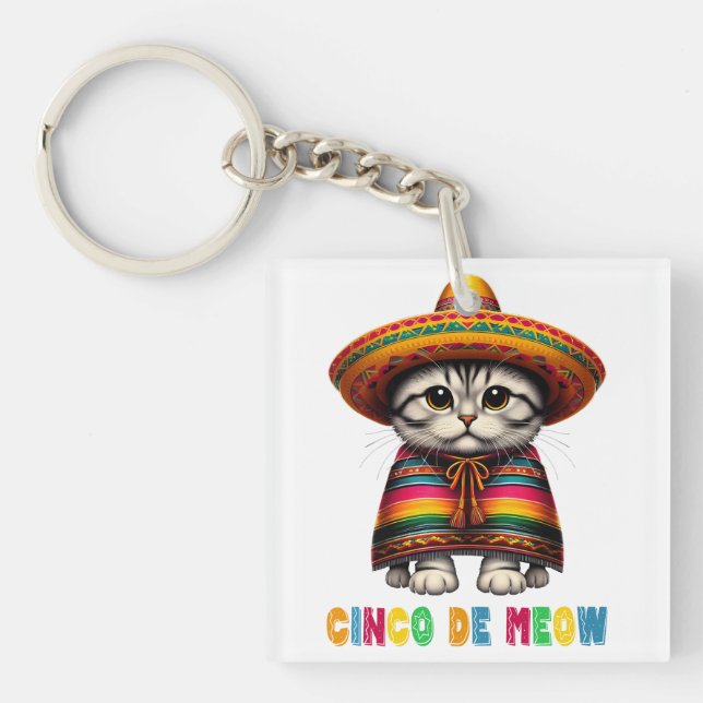  Cinco De Mayo Funny Mexican Cat Sombrero Meow Key Ring (Front)