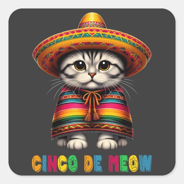  Cinco De Mayo Funny Mexican Cat Sombrero Meow Square Sticker (Front)