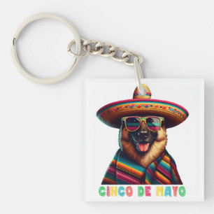 Cinco De Mayo German Shepherd With Poncho Sombrero Key Ring