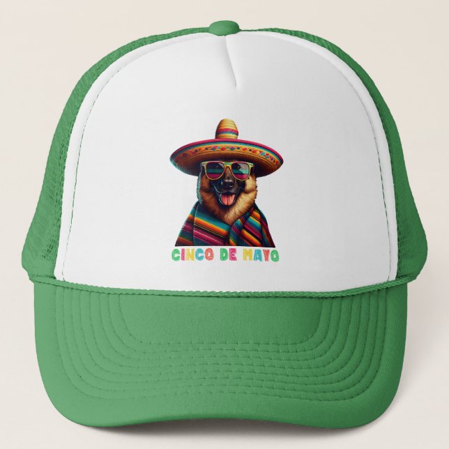 Cinco De Mayo German Shepherd With Poncho Sombrero Trucker Hat (Front)