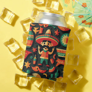 Cinco de Mayo. Mexican bright cartoon pattern  Can Cooler