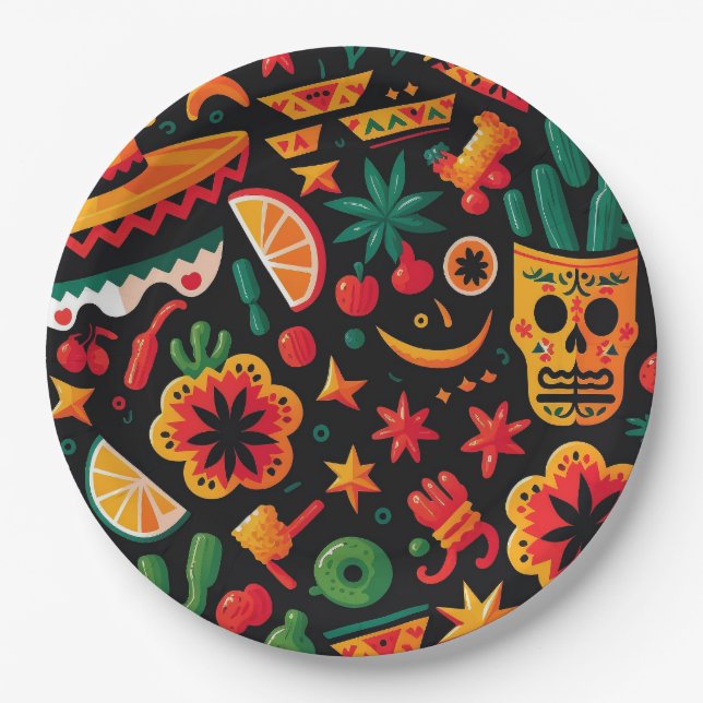 Cinco de Mayo. Mexican bright cartoon pattern Paper Plate (Front)