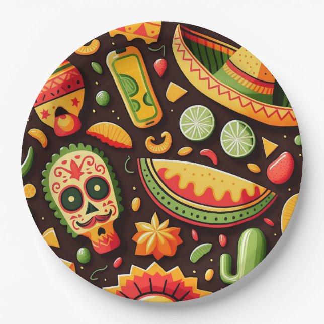 Cinco de Mayo. Mexican bright cartoon pattern  Paper Plate (Front)