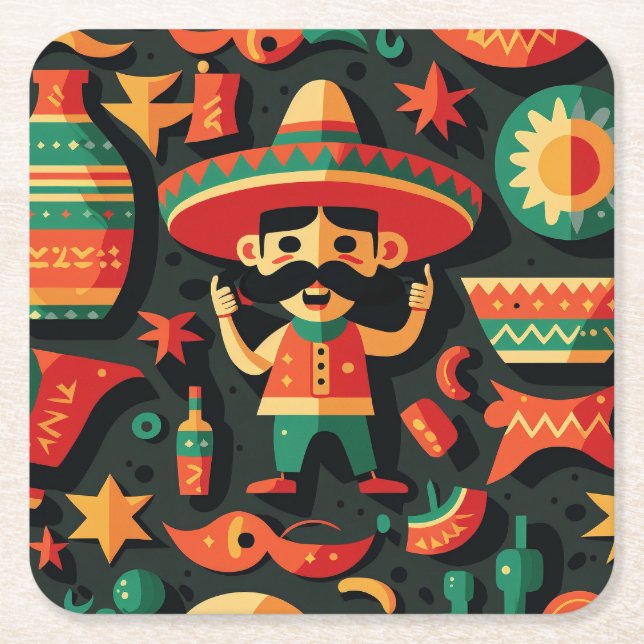 Cinco de Mayo. Mexican bright cartoon pattern Square Paper Coaster (Front)