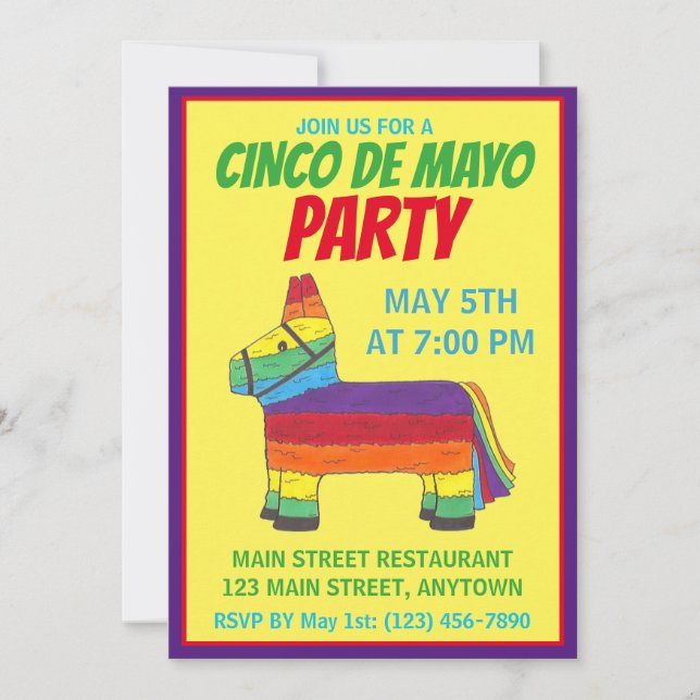 Cinco de Mayo Party Fiesta Rainbow Donkey Piñata Invitation (Front)