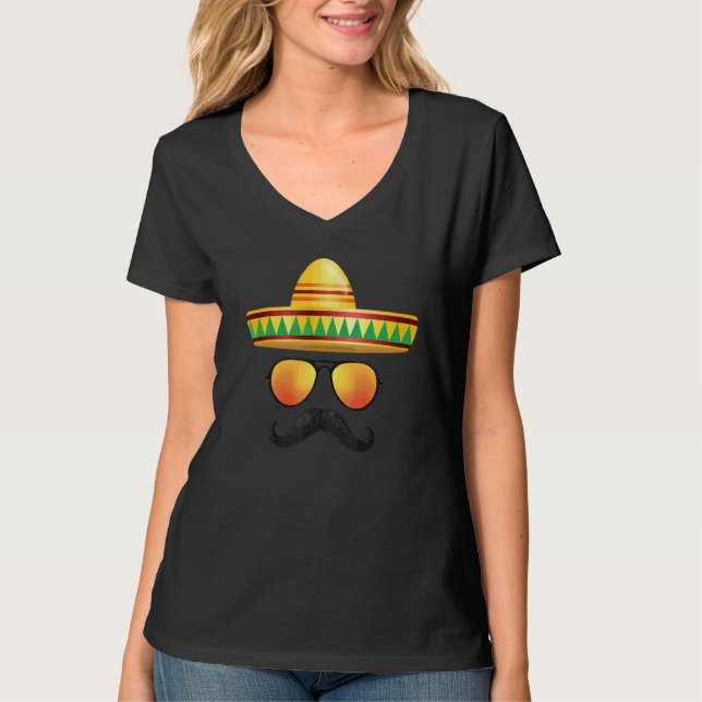 Cinco De Mayo Party Moustache Sunglasses Sombrero  T-Shirt (Front)