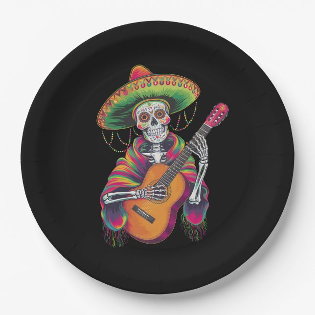 Cinco De Mayo Skeleton Skull Fiesta Guitar Paper Plate (Front)