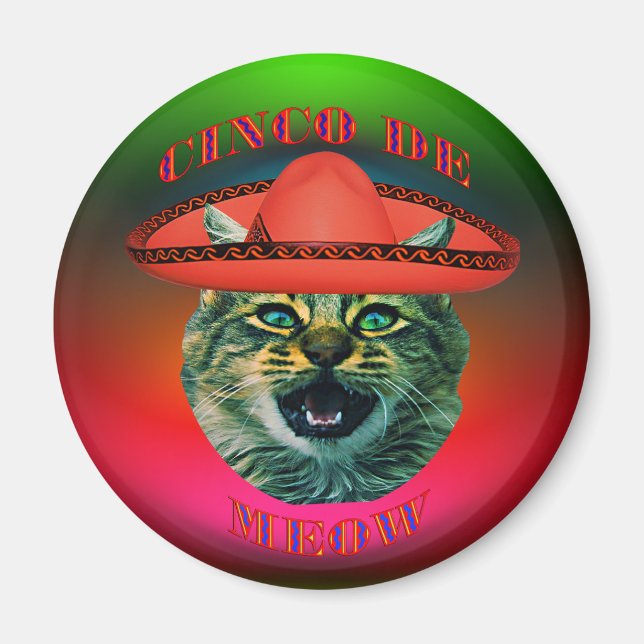 Cinco De Meow Grey Cat Cinco De Mayo Mexico Refrig Magnet (Front)
