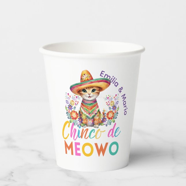 Cinco De Meowo Cute Cat Fiesta Party Custom Paper Cups (Front)
