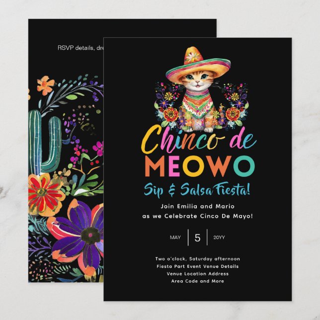 Cinco De Meowo Fun Cat Fiesta Party Time   Invitation (Front/Back)