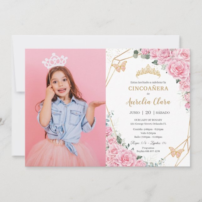 Cincoañera Pink Roses Floral Butterflies Photo  Invitation (Front)