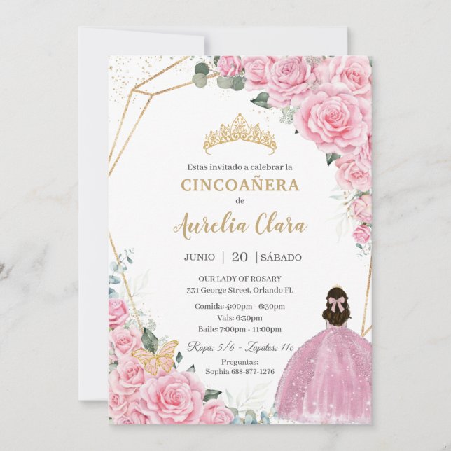 Cincoañera Pink Roses Floral Gold Princess Crown Invitation (Front)